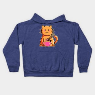 Cute cat eating fish with chopsticks Kids Hoodie